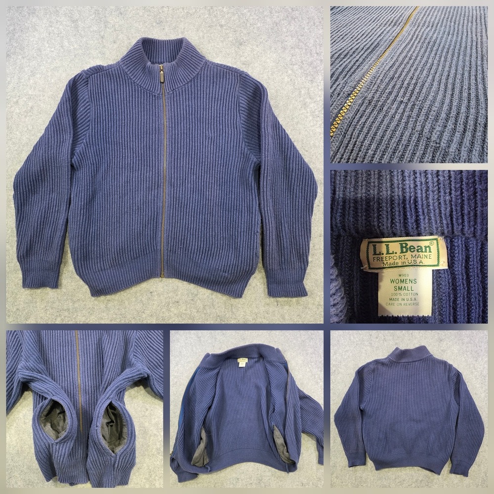 Vintage L.L.Bean Sweater Womens Small Blue 100% Cotton Full Zip Mock Neck Knit